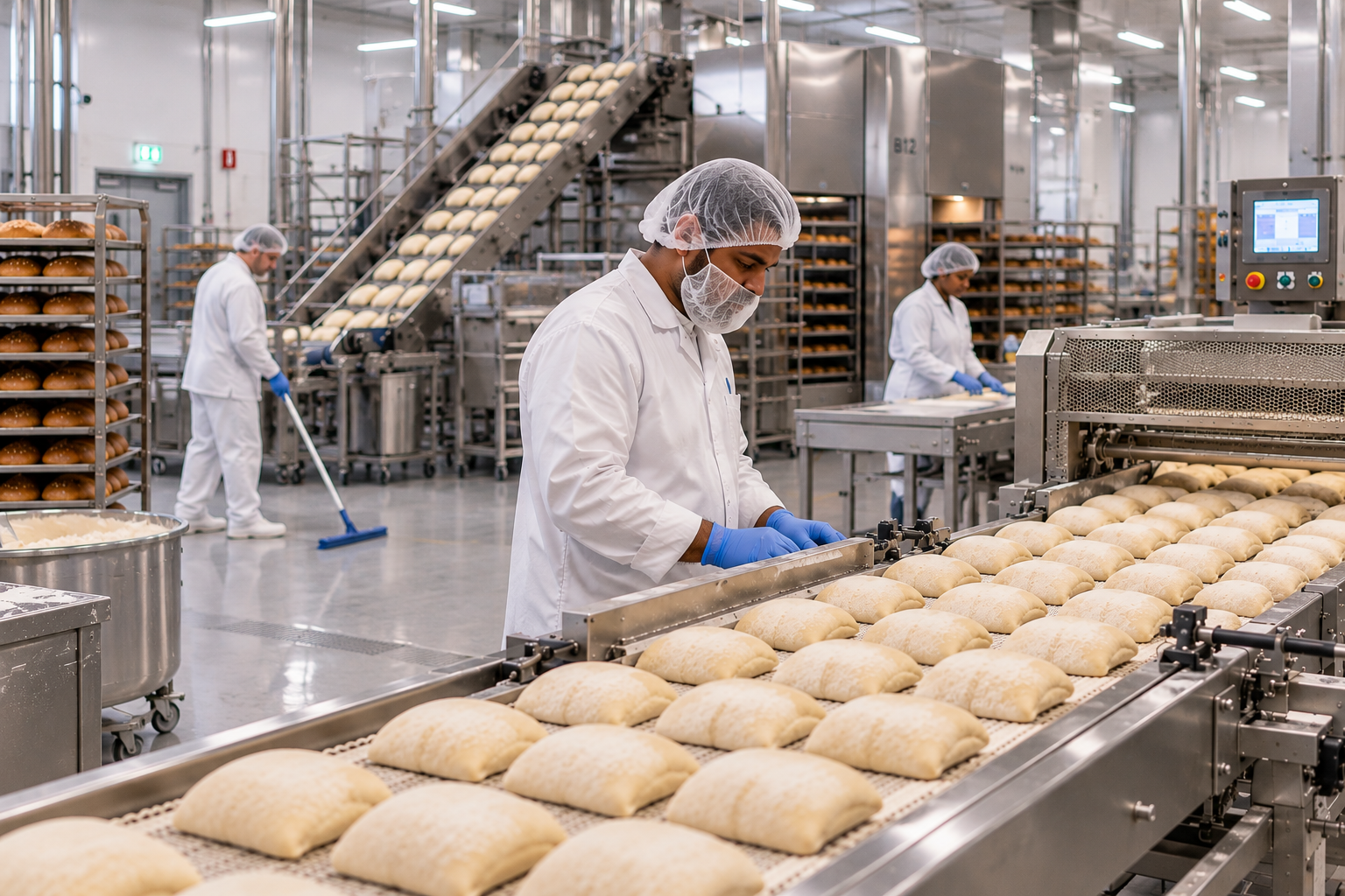Industrial bakery employees working and cleaning around a dough production line