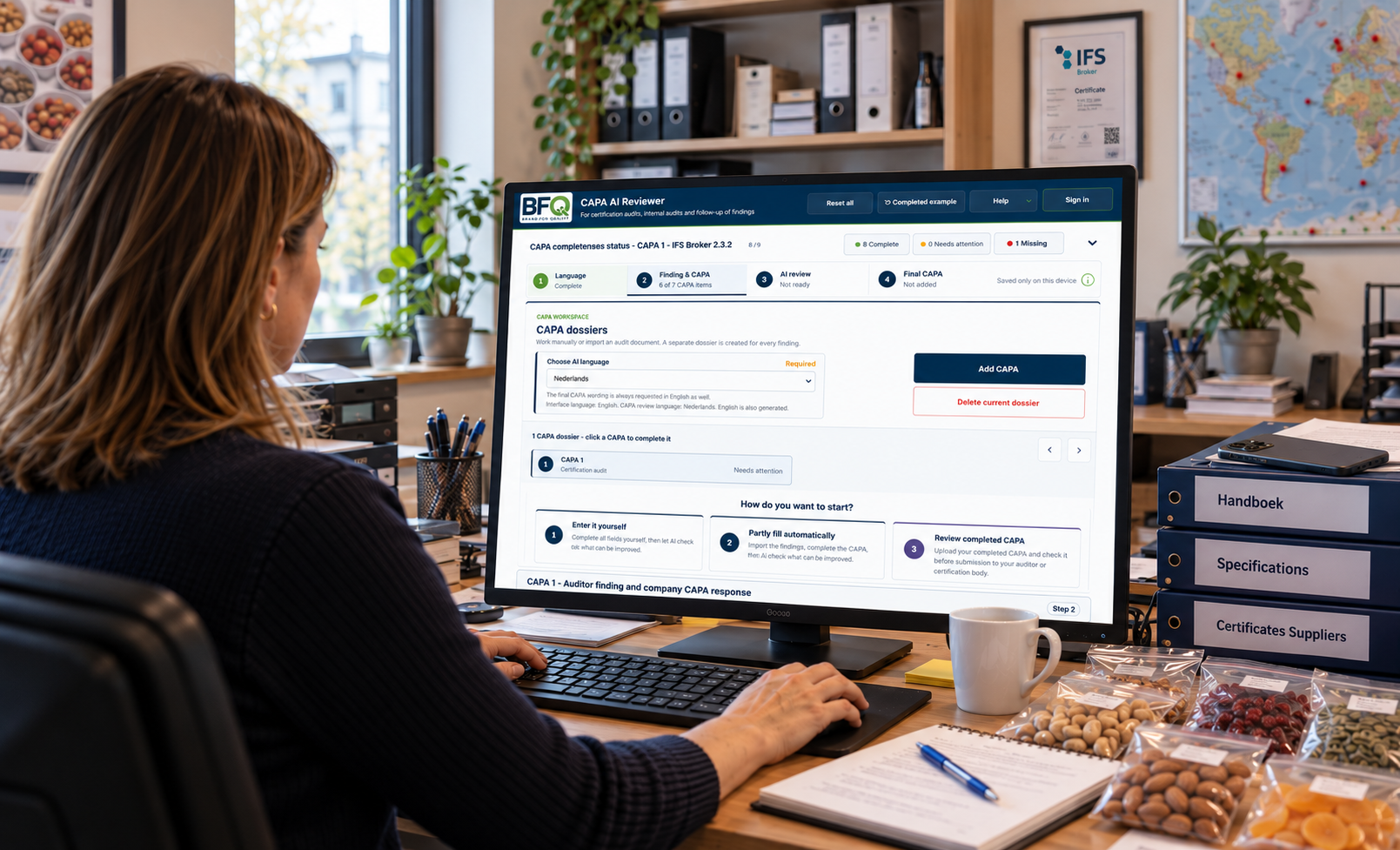 Woman reviewing a CAPA in the BFQ CAPA AI Reviewer web app