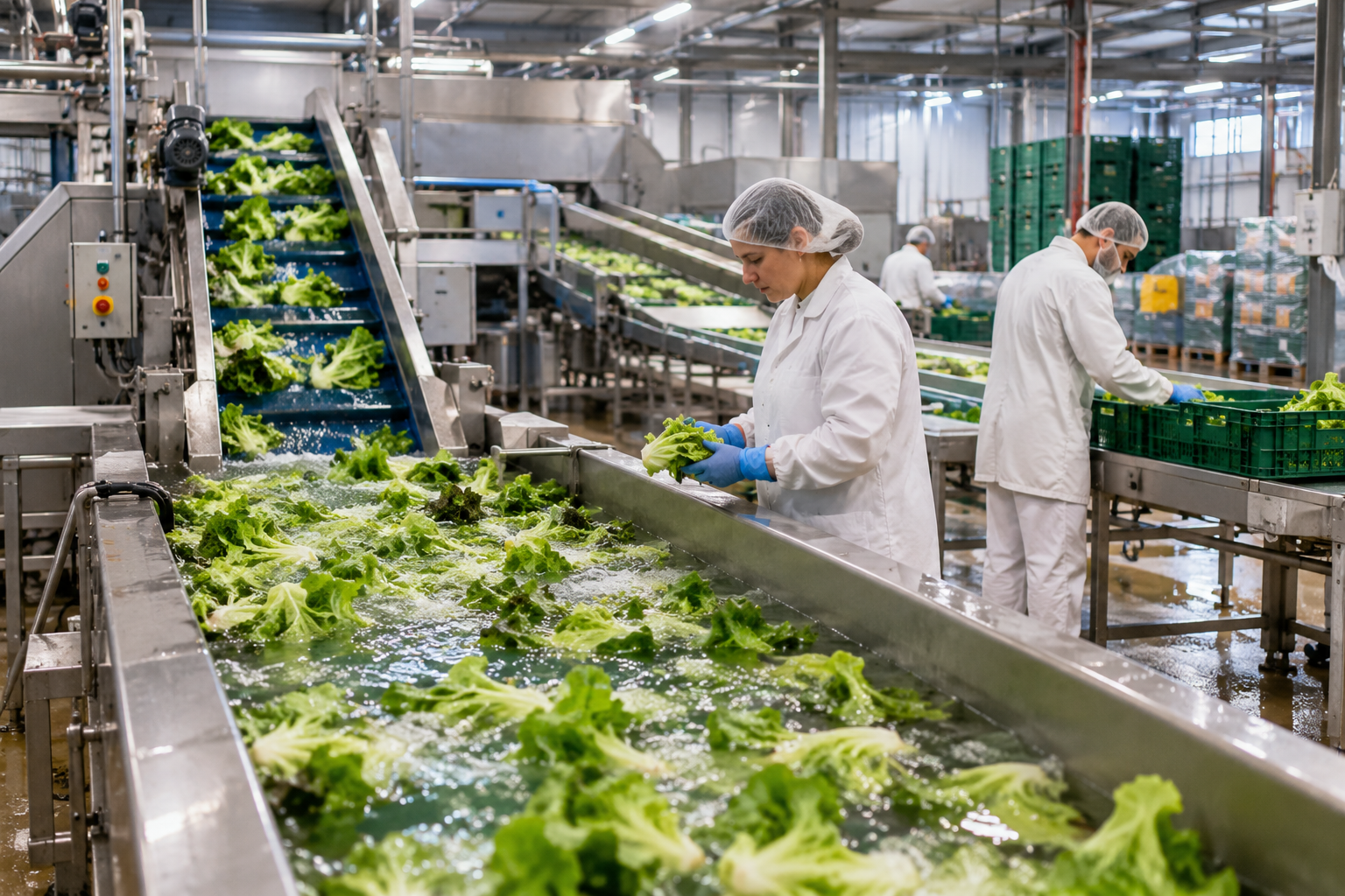 Employees checking lettuce on a stainless-steel washing and processing line