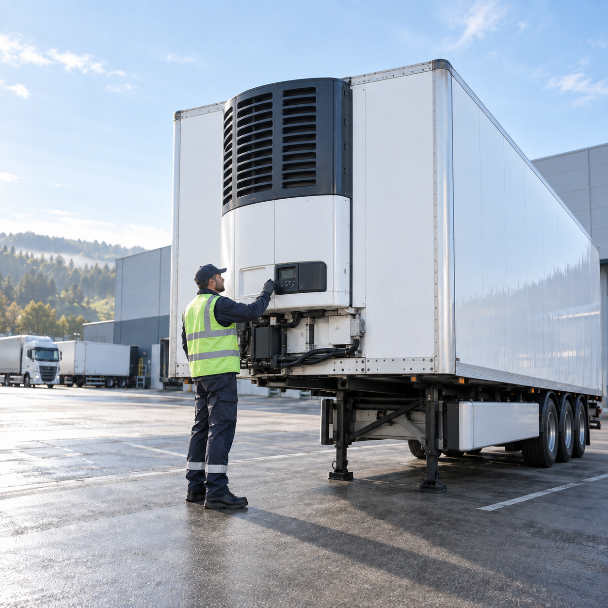 Driver checking the temperature controls on a refrigerated trailer